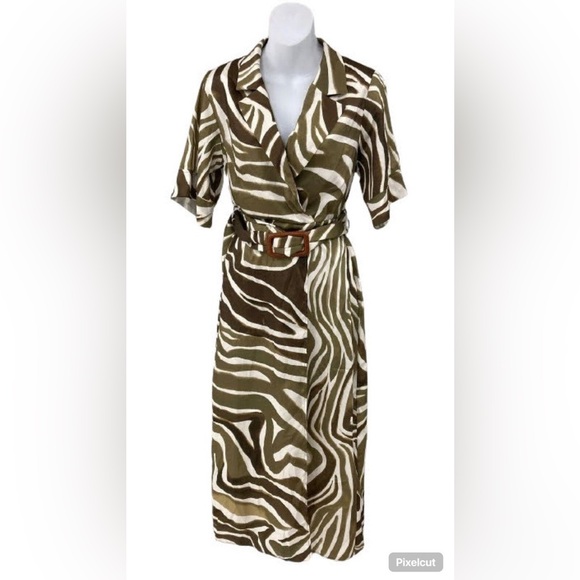 Zara Animal Print Shift Midi Dress Medium V Neck Belted Notched Collar Faux Wrap - Picture 6 of 17